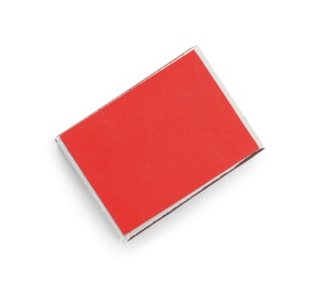Photo of Closed matchbox on white background, top view. Space for design