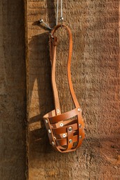 Photo of Brown dog muzzle hanging near wooden fence