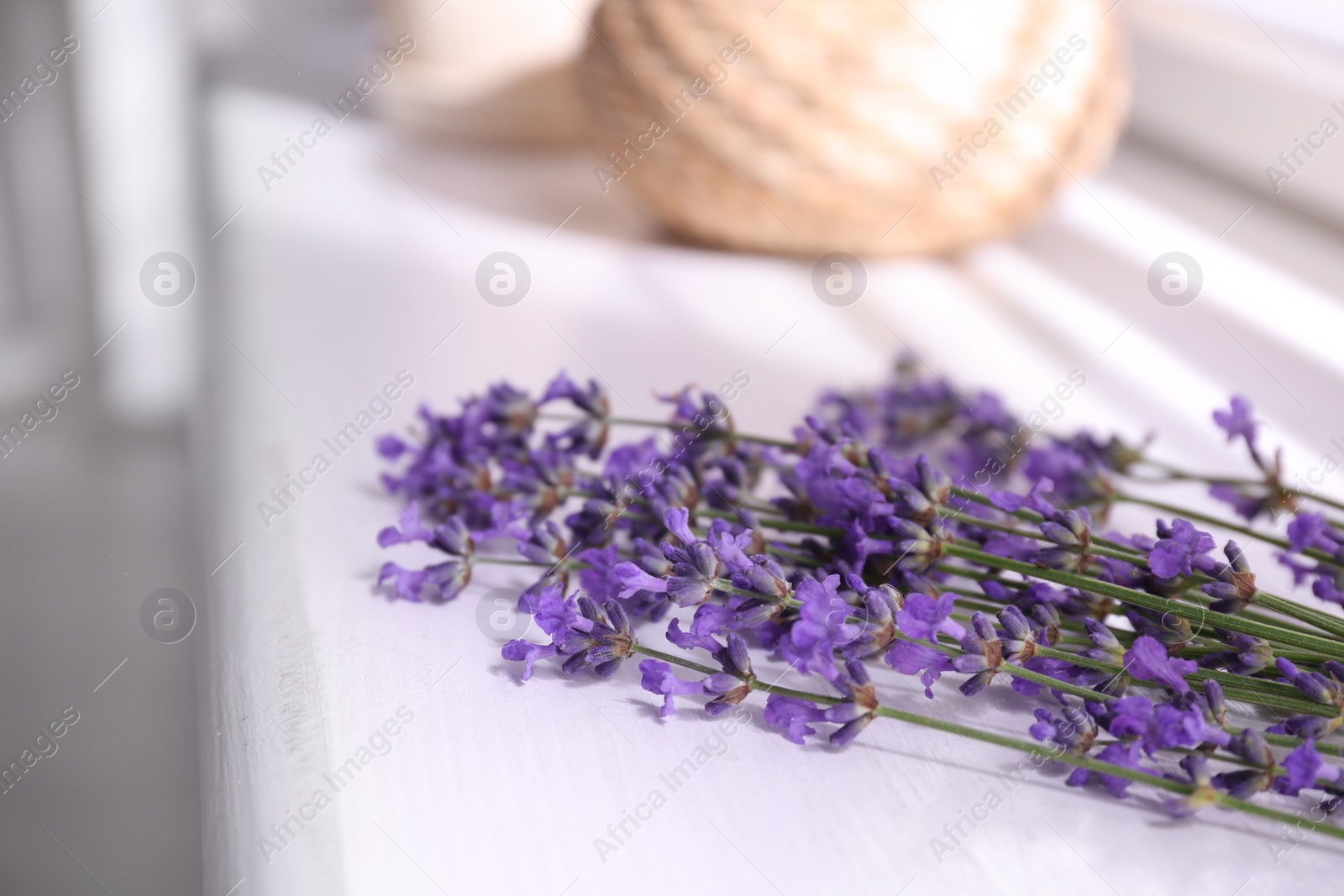 Photo of Beautiful lavender flowers on window sill indoors, closeup