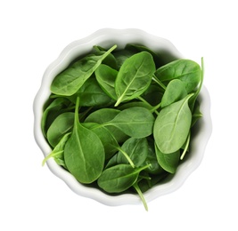 Photo of Bowl of fresh green healthy baby spinach on white background, top view