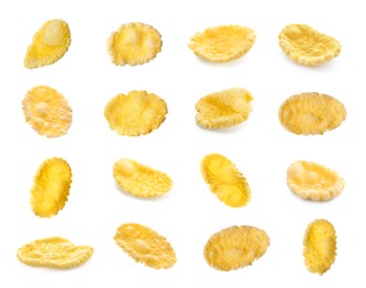 Image of Collage with tasty corn flakes on white background