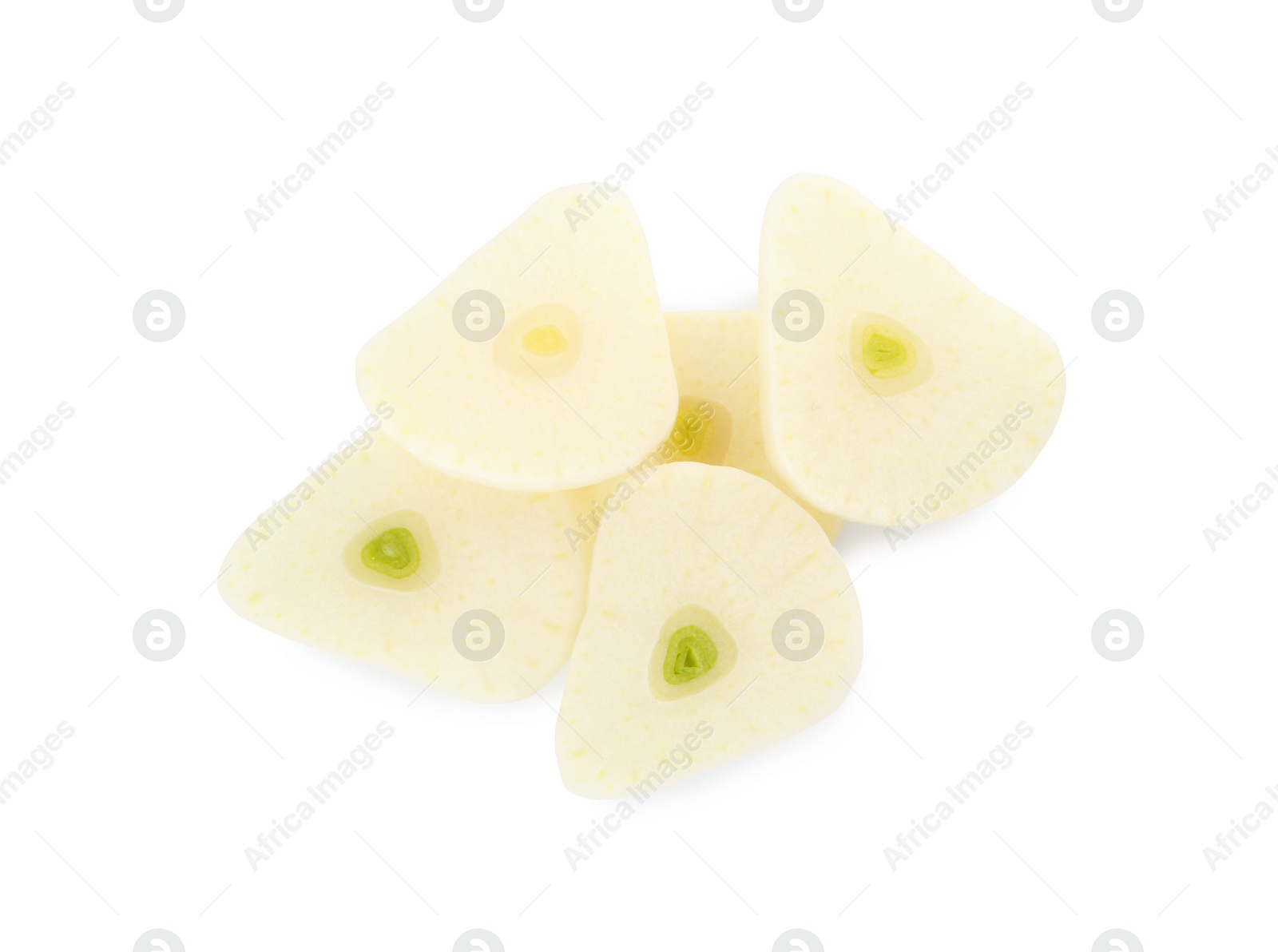 Photo of Pieces of fresh garlic isolated on white, top view