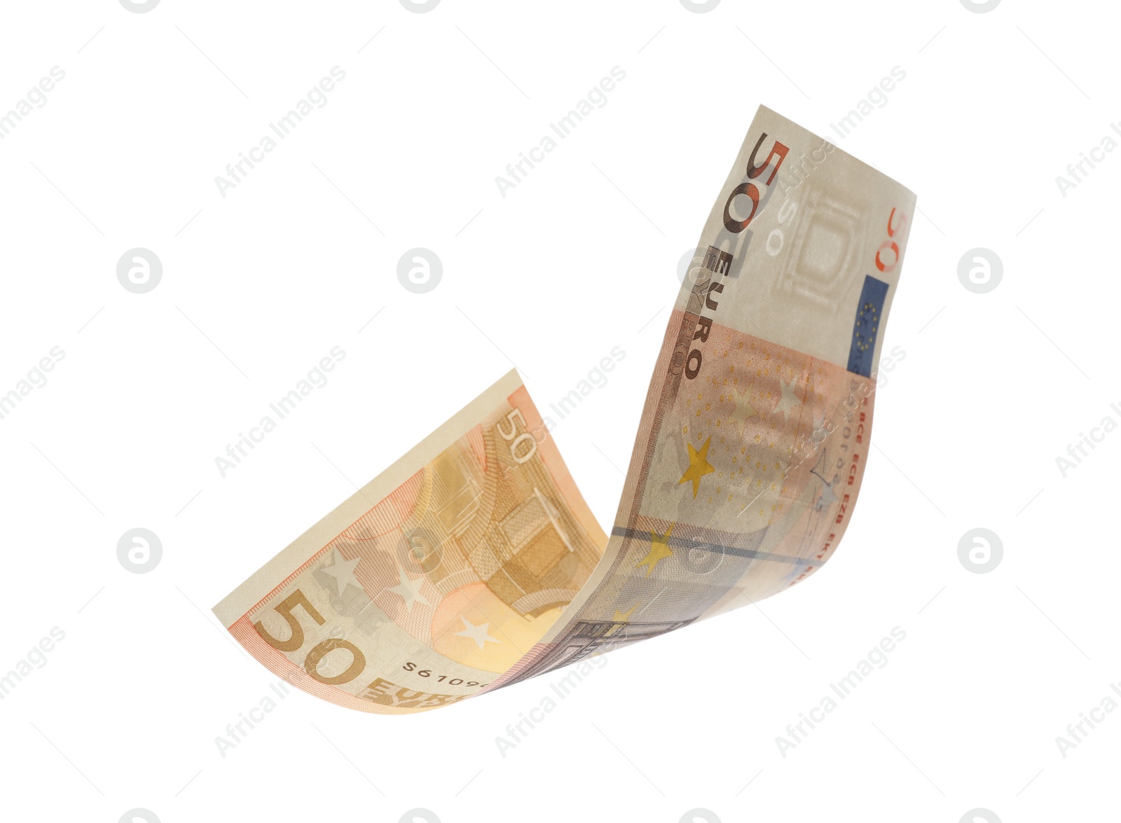 Image of 50 Euro banknote flying on white background