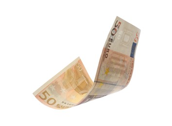 Image of 50 Euro banknote flying on white background