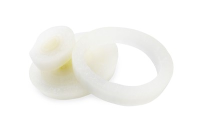 Photo of Fresh ripe onion rings on white background