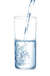 Photo of Pouring water into glass on white background