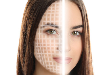Image of Facial recognition system. Woman with digital biometric grid on white background, closeup