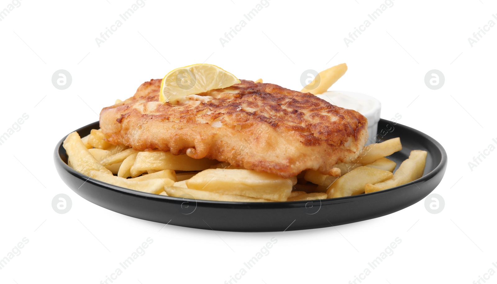 Photo of Tasty fish in soda water batter, potato chips, sauce and lemon slice isolated on white