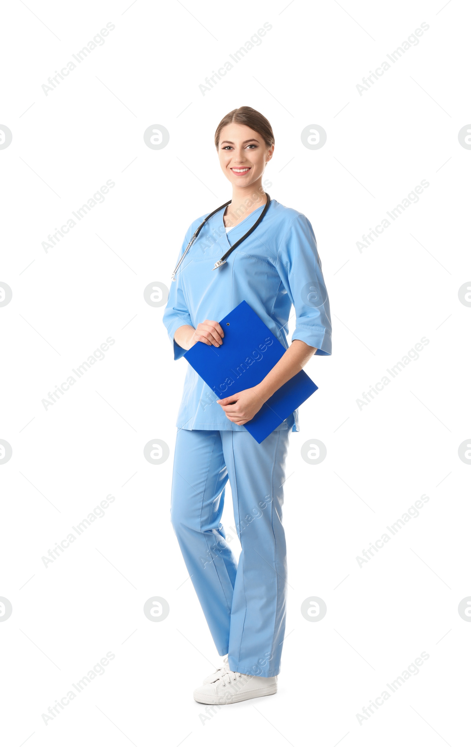 Photo of Young medical student with clipboard on white background