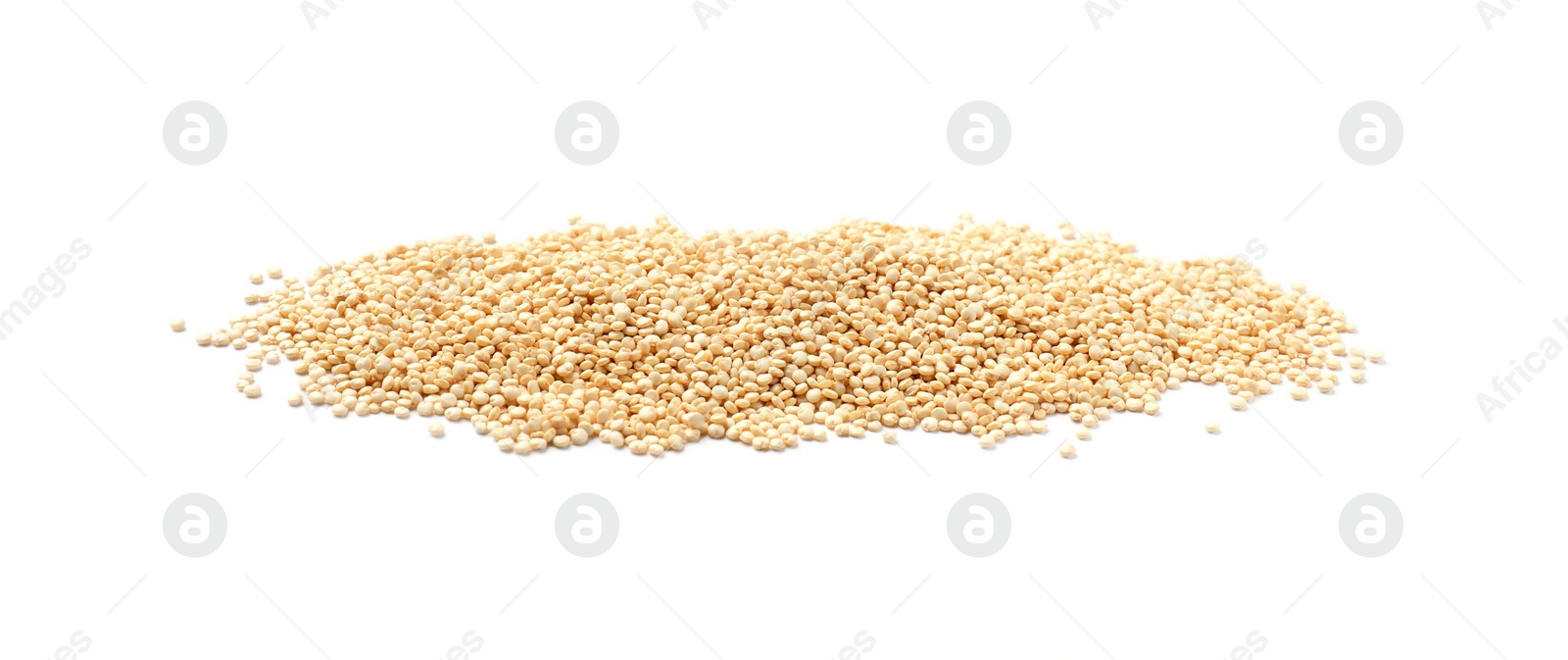 Photo of Many raw quinoa seeds isolated on white