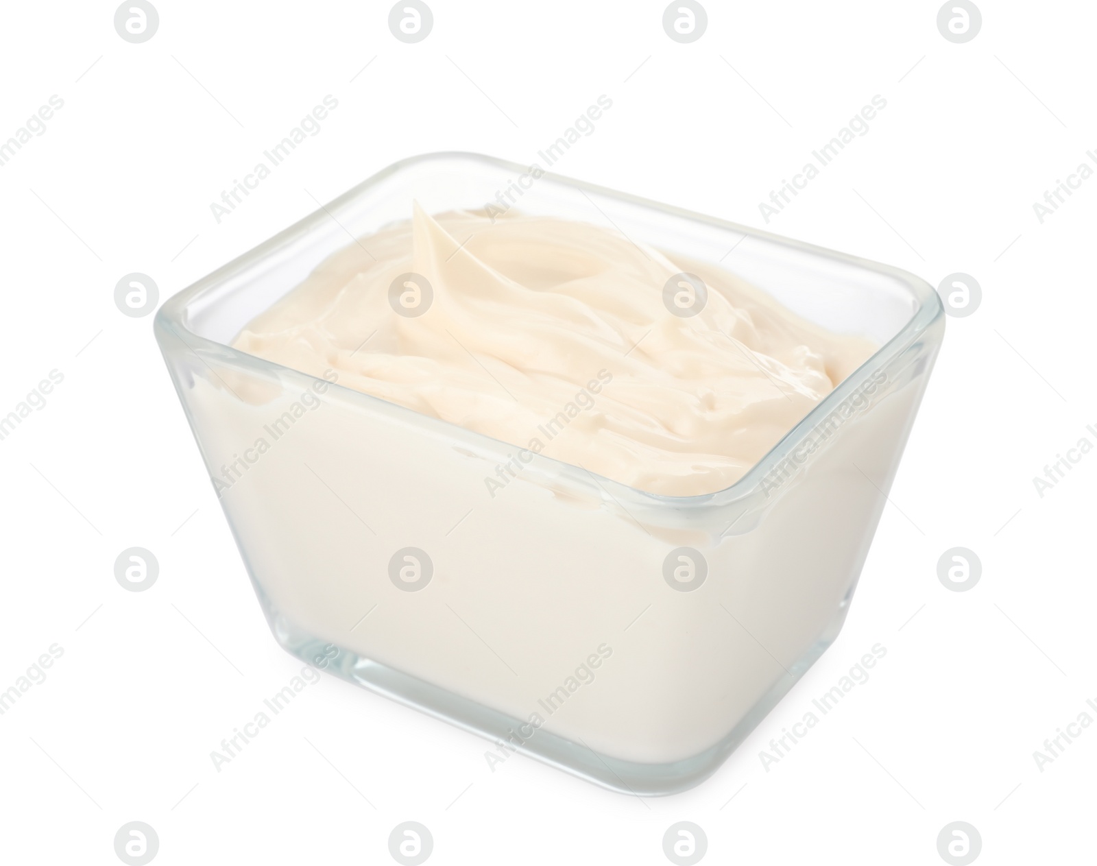 Photo of Mayonnaise in glass bowl isolated on white