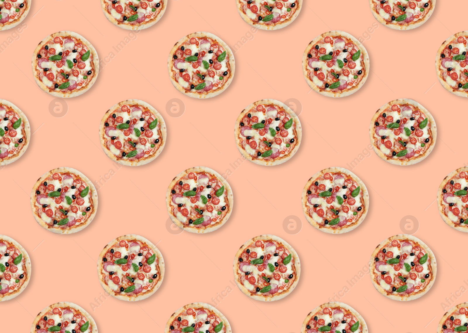 Image of Many delicious pizzas on pink background, flat lay. Seamless pattern design