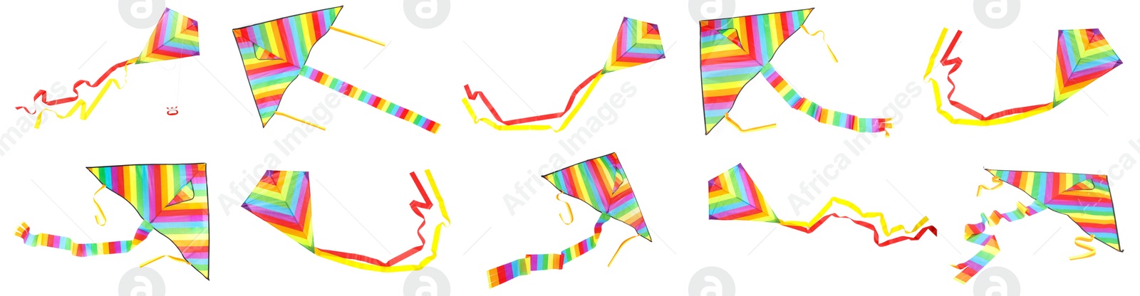 Image of Set with beautiful bright kites on white background. Banner design