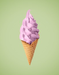 Image of Delicious soft serve berry ice cream in crispy cone on pastel olive background