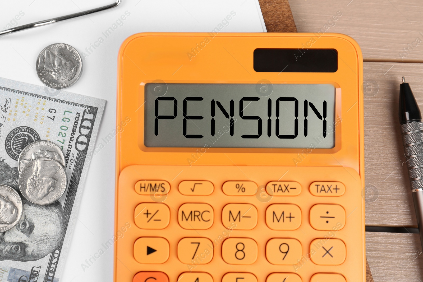 Image of Calculator with word Pension, money, pen and clipboard on wooden table, top view