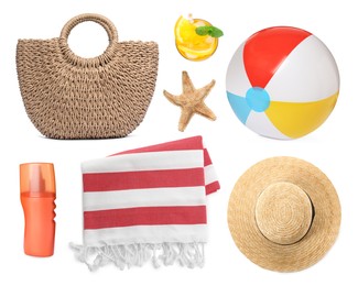 Image of Set with towel and other beach accessories on white background