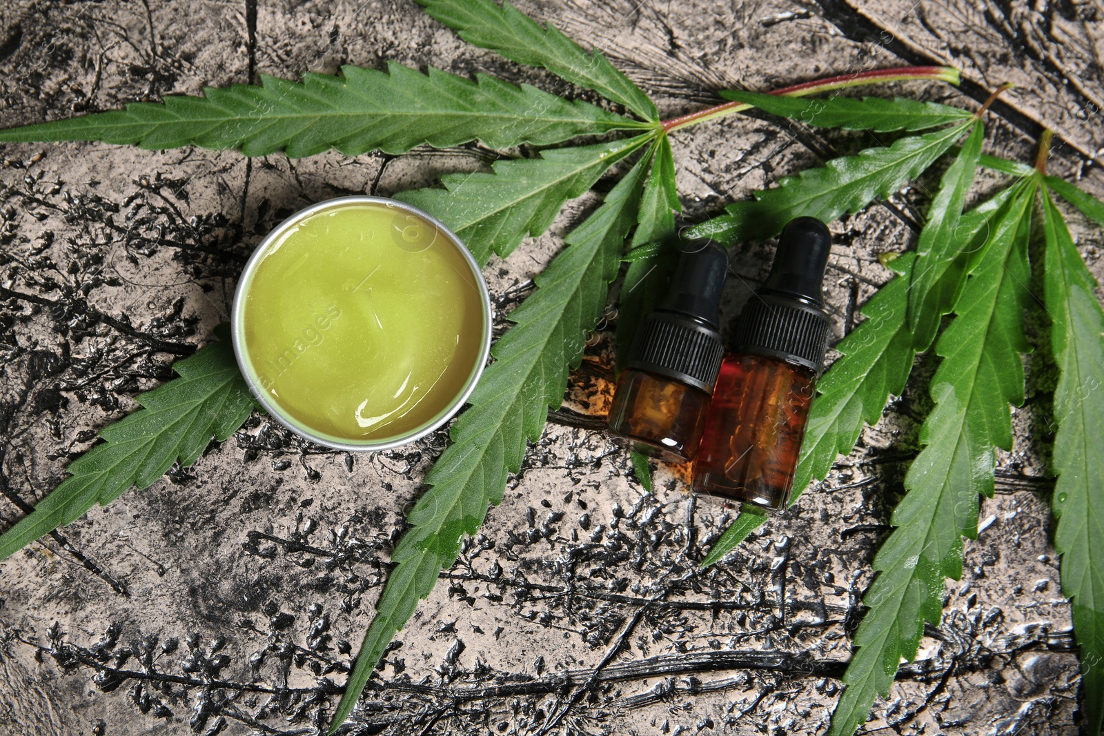 Photo of Flat lay composition with hemp lotion on grey background