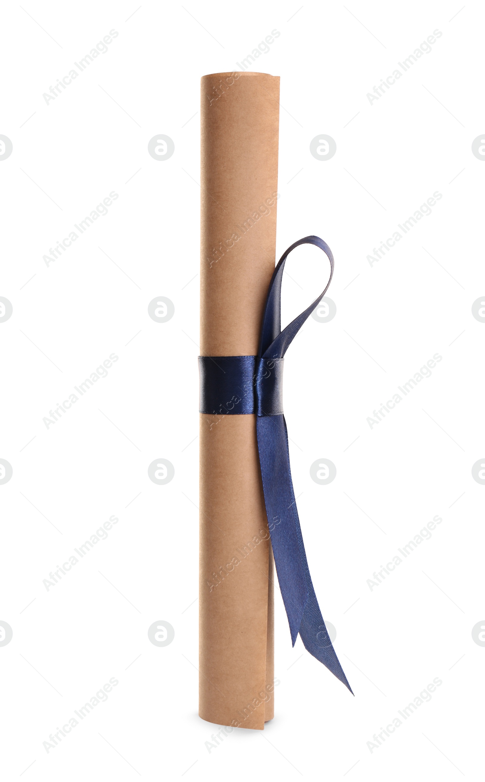 Photo of Rolled student's diploma with blue ribbon isolated on white