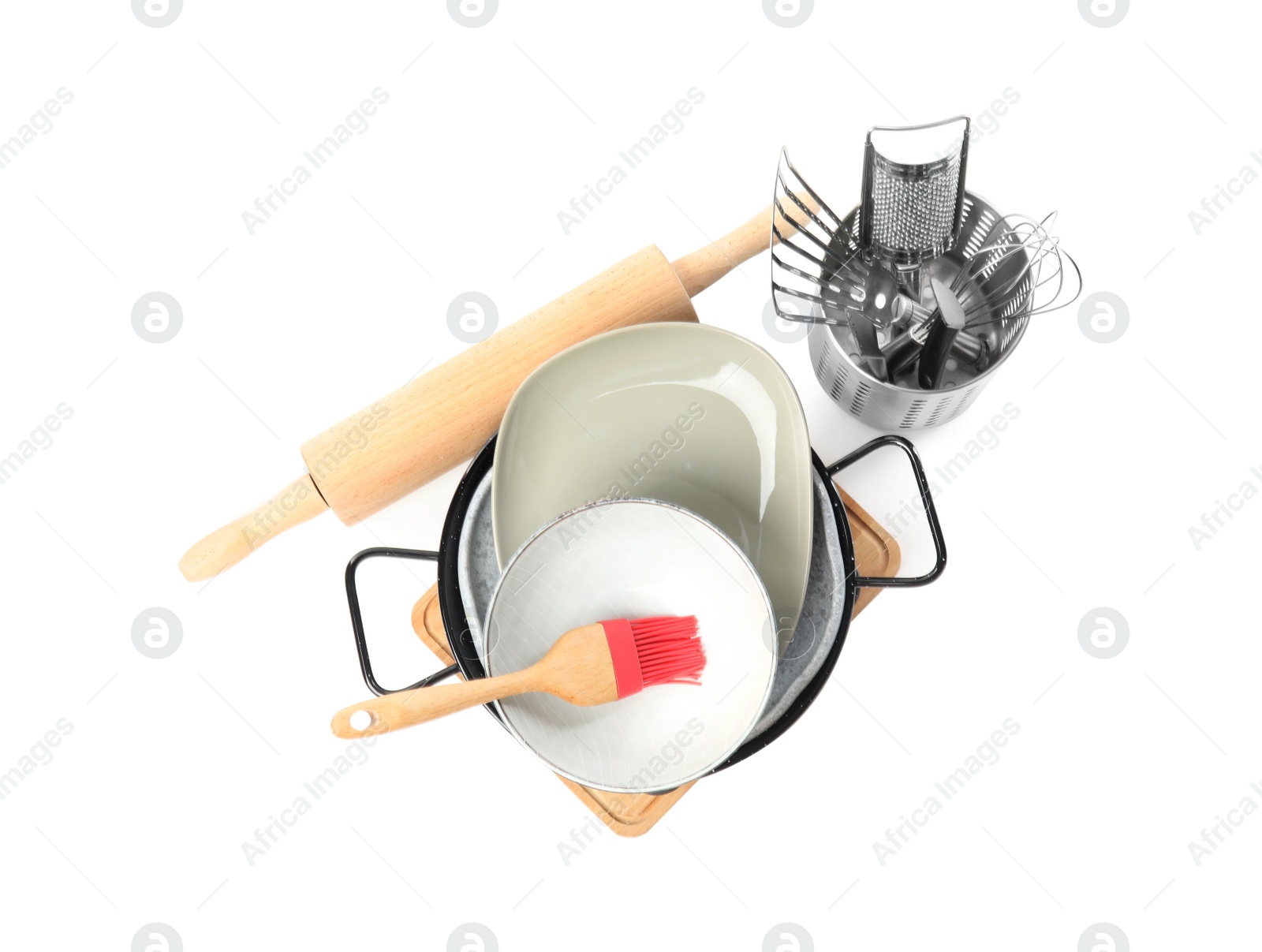 Photo of Set of different cooking utensils and dishes on white background, top view