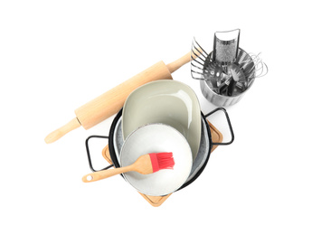 Photo of Set of different cooking utensils and dishes on white background, top view