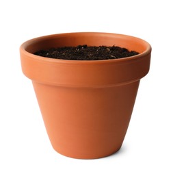 Photo of Clay flower pot with soil isolated on white