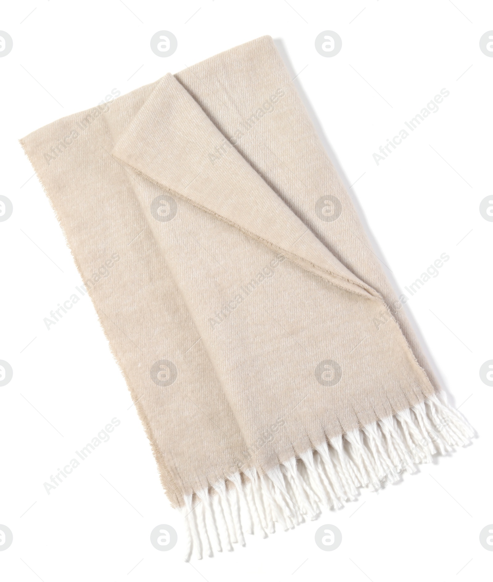 Photo of Beautiful beige blanket isolated on white, top view