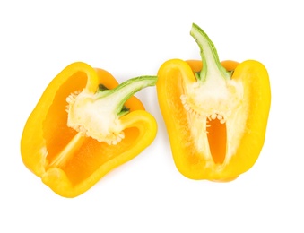 Photo of Halves of yellow bell pepper isolated on white, top view