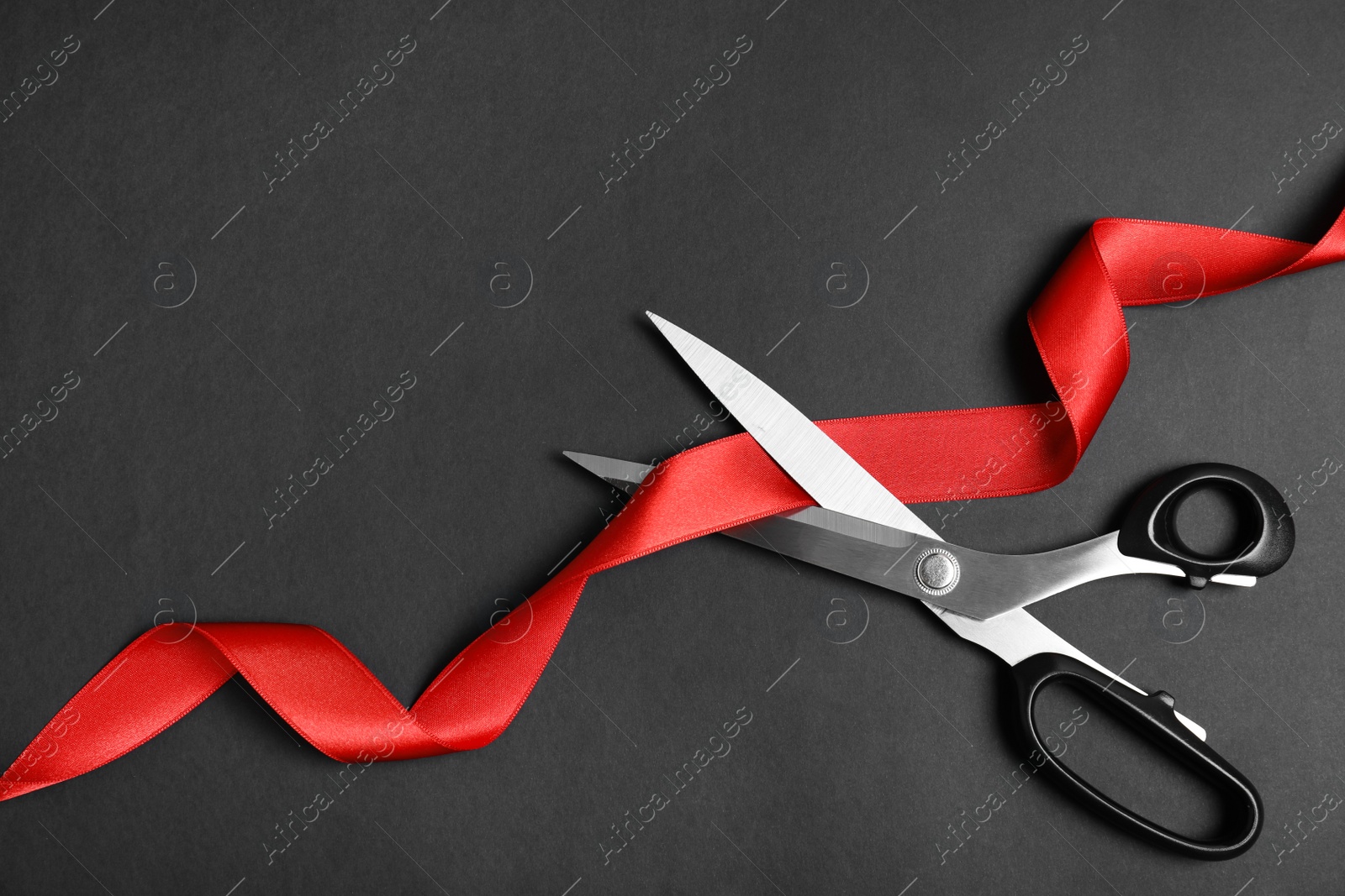 Photo of Stylish scissors and red ribbon on black background, flat lay with space for text. Ceremonial tape cutting