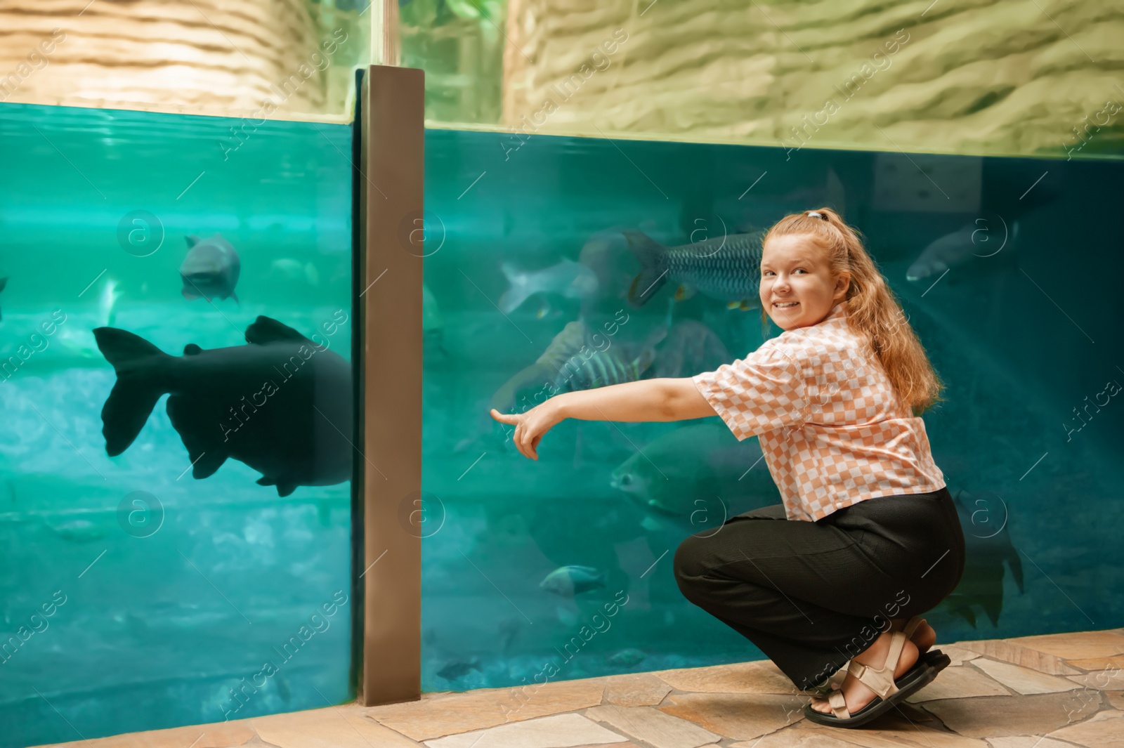 Photo of Cute girl sitting near large aquarium in oceanarium