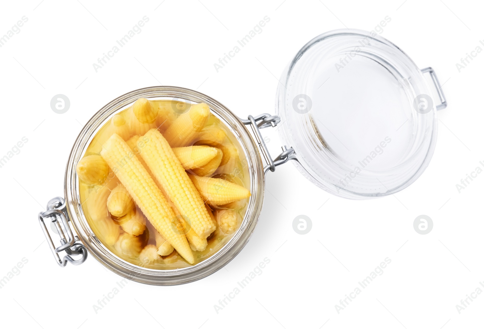 Photo of Jar of pickled baby corn isolated on white, top view