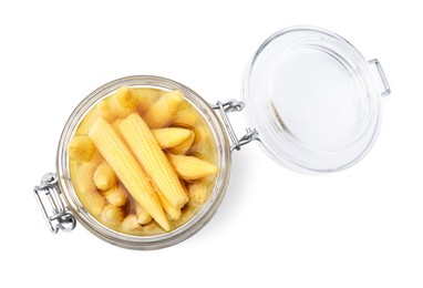 Jar of pickled baby corn isolated on white, top view