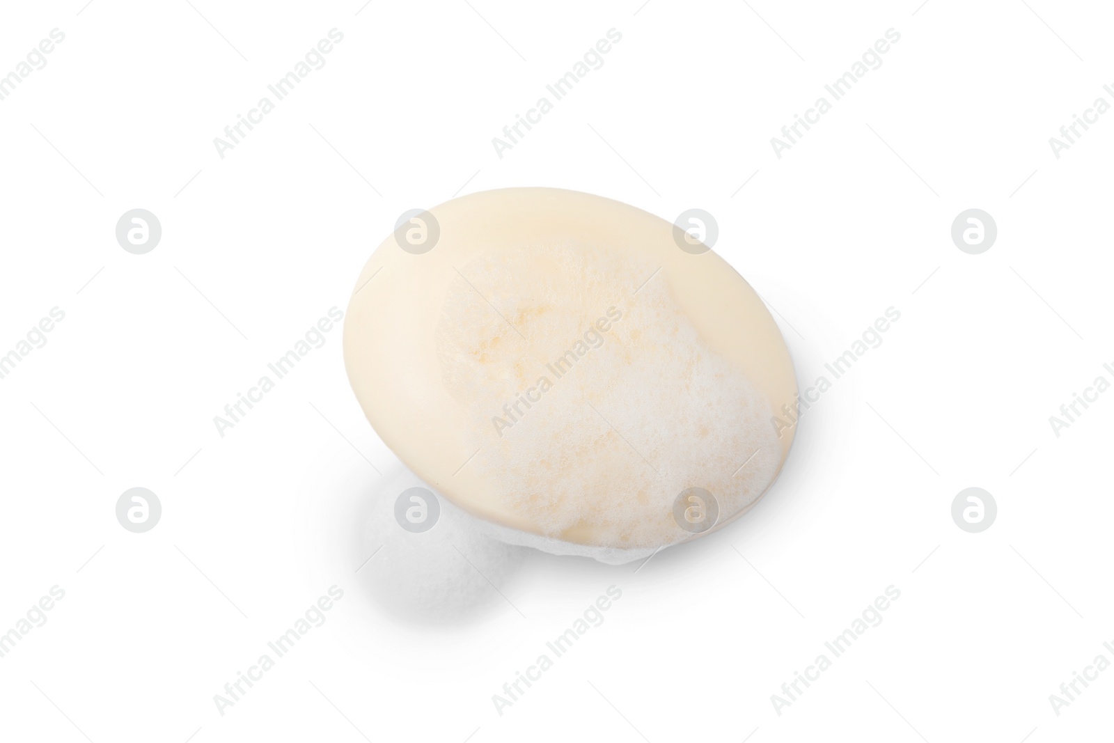 Photo of Soap with fluffy foam isolated on white, top view