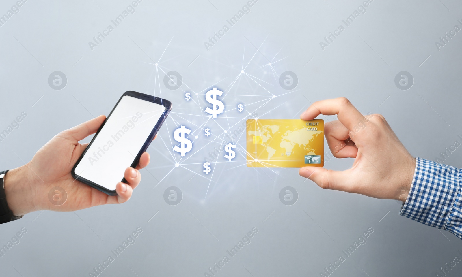 Image of Fintech concept. Man using phone to make financial transactions with credit card