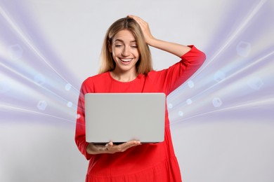 Image of Speed internet. Happy woman using laptop on white background. Motion blur effect symbolizing fast connection