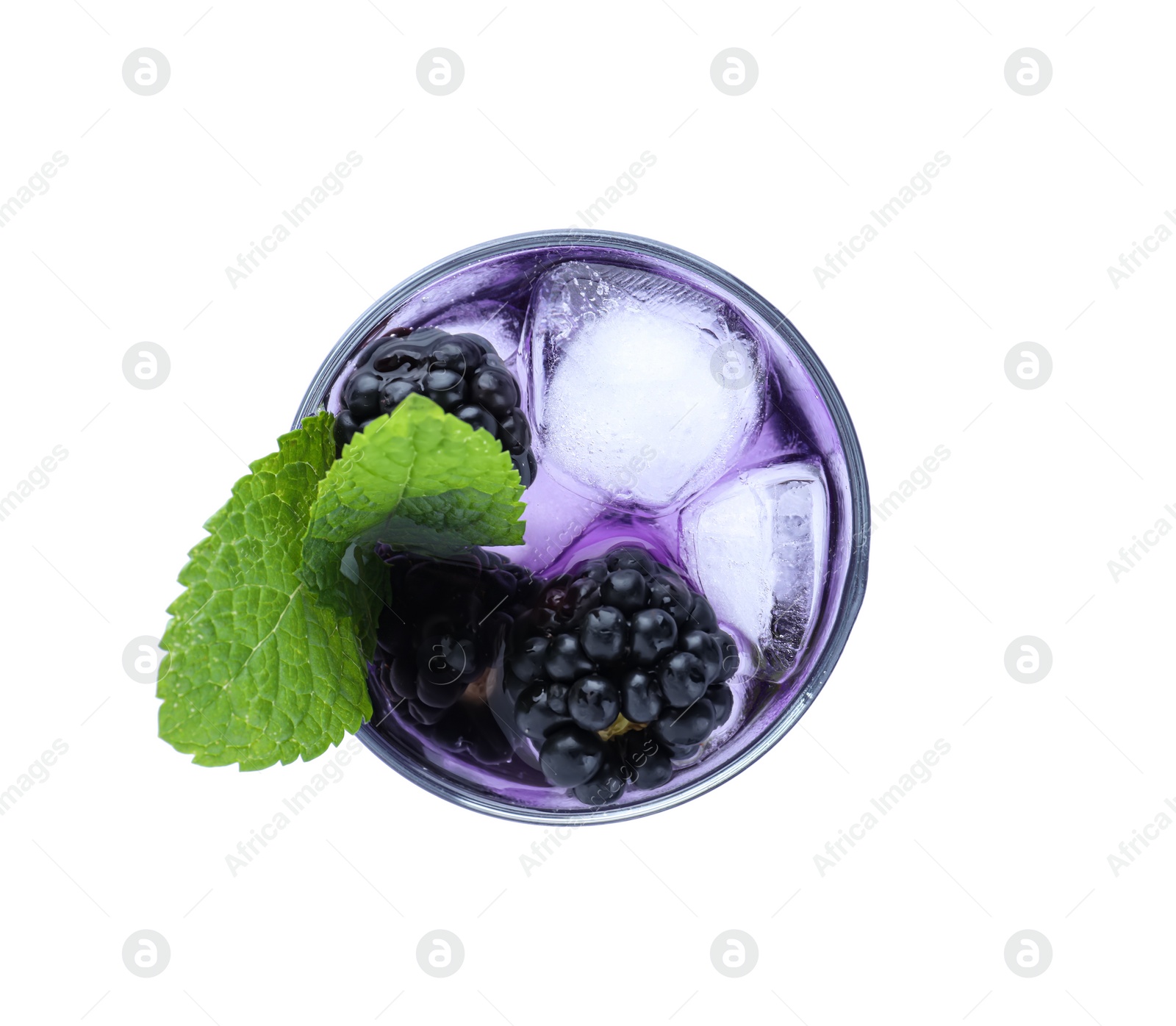 Photo of Delicious blackberry lemonade made with soda water  isolated on white, top view