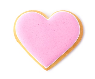 Photo of Decorated heart shaped cookie on white background, top view