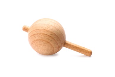 Photo of One wooden spinning top isolated on white. Toy whirligig