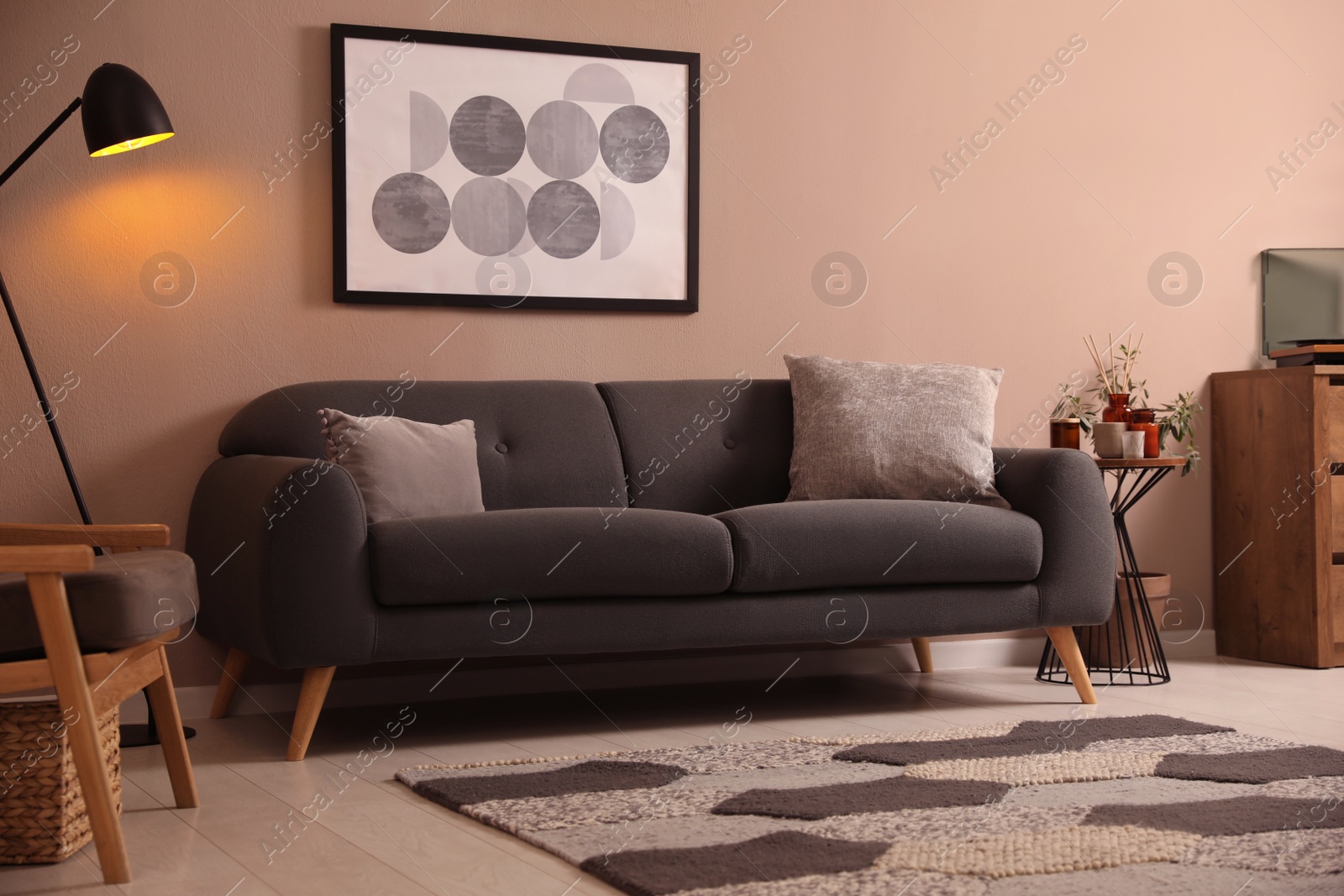 Photo of Stylish living room interior with comfortable dark sofa