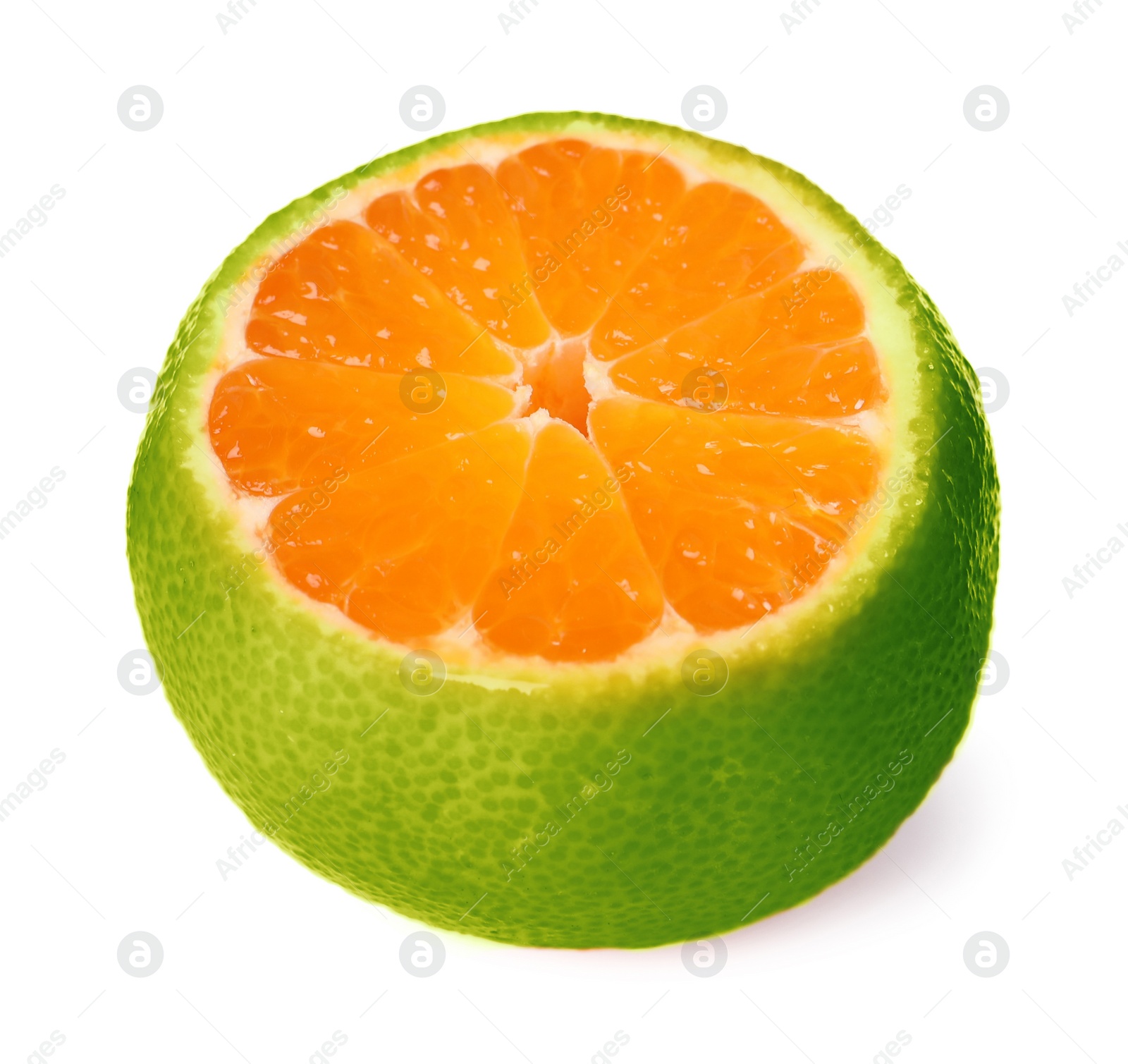 Image of Cut green tangerine isolated on white. Citrus fruit