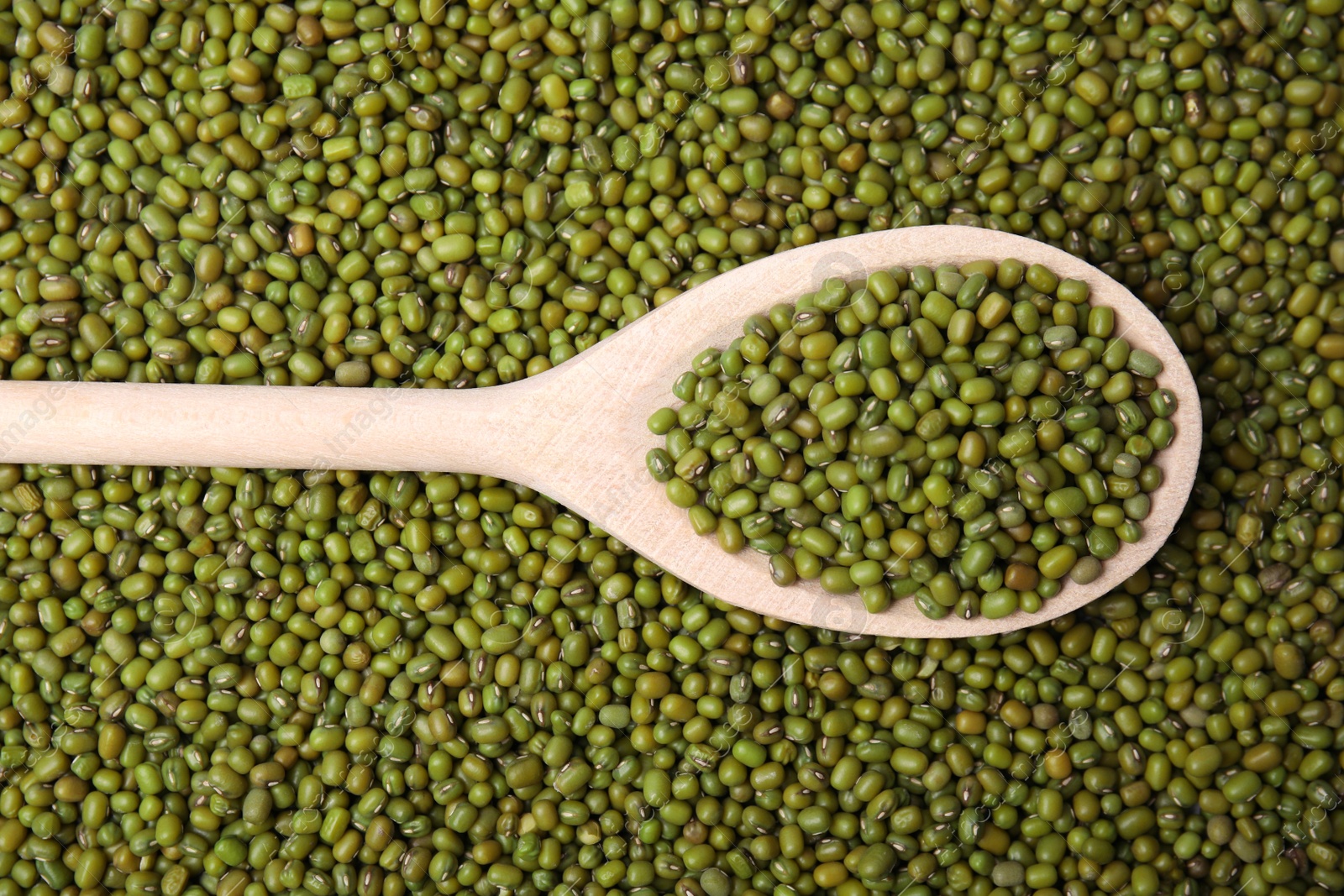 Photo of Spoon with green mung beans, top view