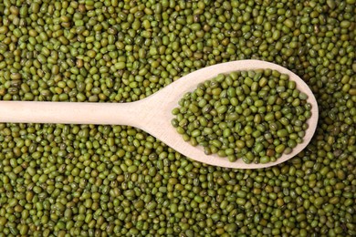 Photo of Spoon with green mung beans, top view