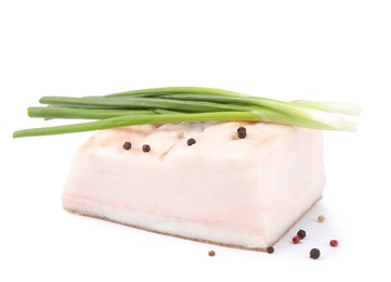 Photo of Piece of pork fatback with pepper and onions isolated on white