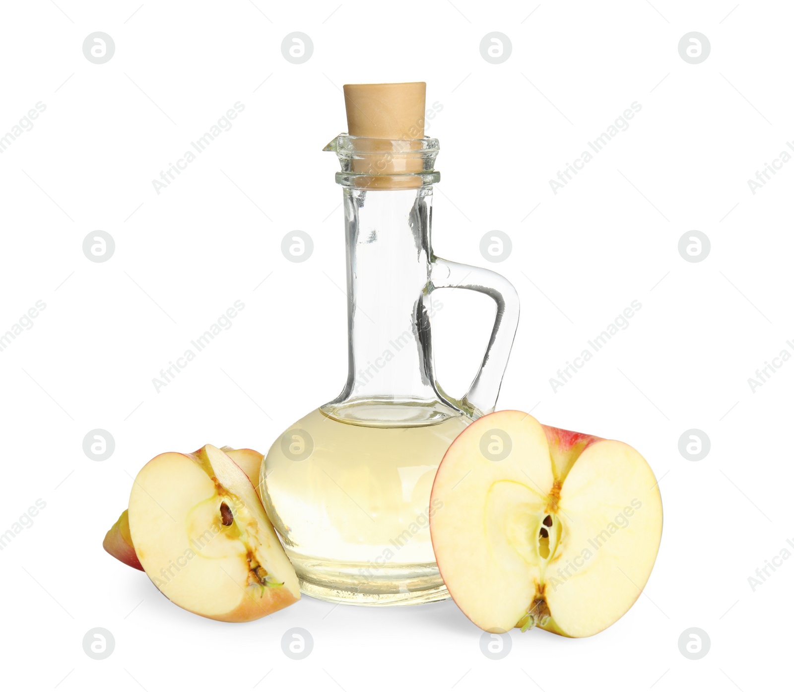 Photo of Natural apple vinegar and fresh fruits on white background