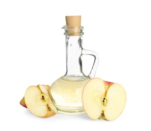 Photo of Natural apple vinegar and fresh fruits on white background