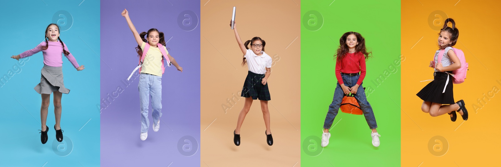 Image of Schoolgirl jumping on color backgrounds, set of photos