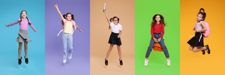 Schoolgirl jumping on color backgrounds, set of photos