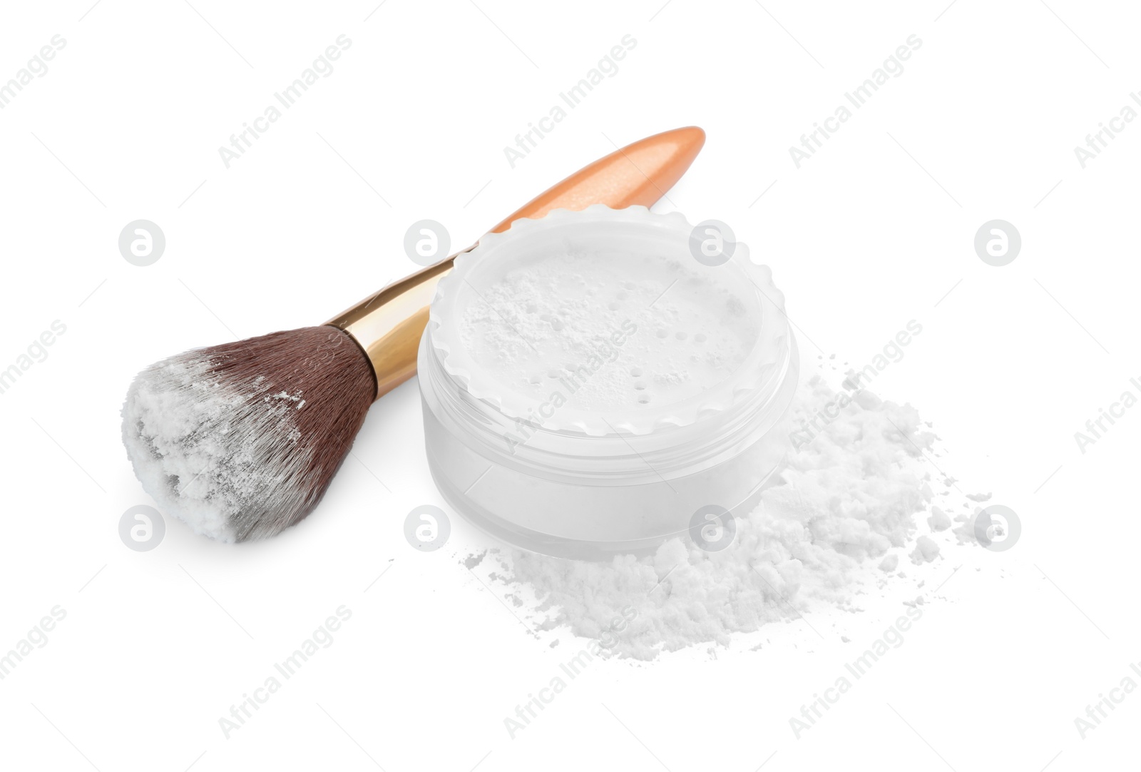Photo of Rice face powder and brush on white background. Natural cosmetic
