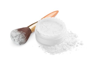 Rice face powder and brush on white background. Natural cosmetic