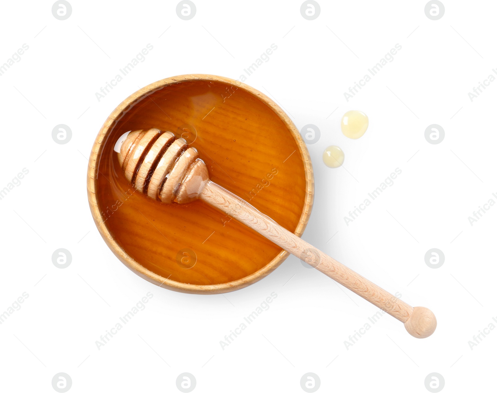 Photo of Tasty honey in bowl and dipper isolated on white, top view