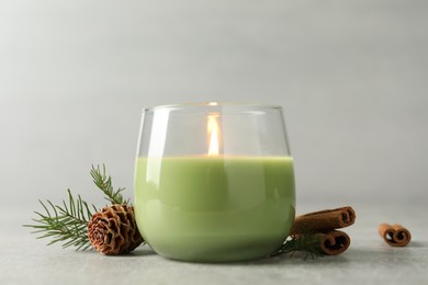 Photo of Composition with burning candle and pinecone on light grey table